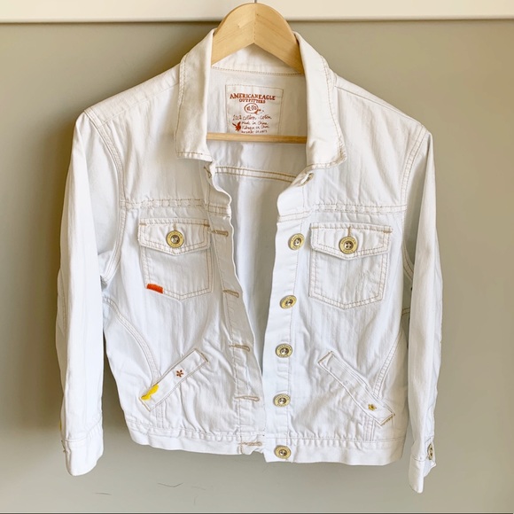 American Eagle Embroidered White Denim Jacket